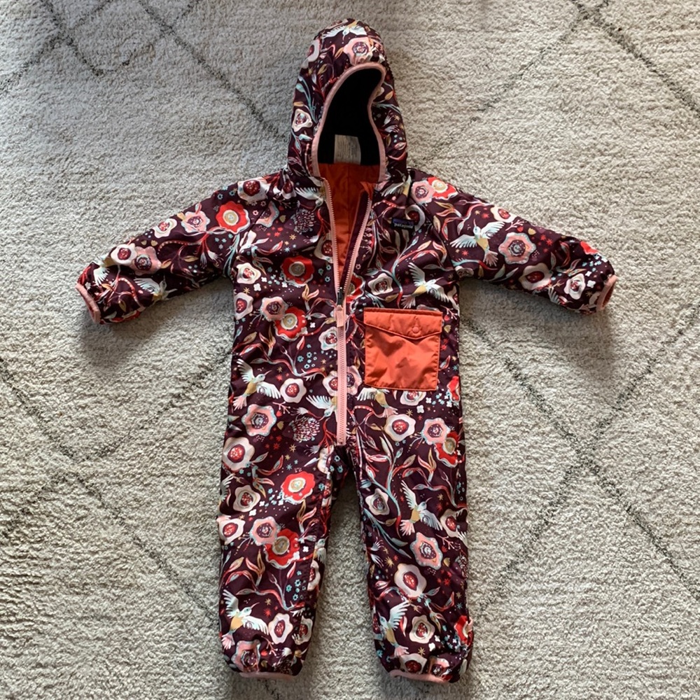 Patagonia Infant Baby Reversible Floral Bird Zipper Hooded Puff-Ball Bunting
